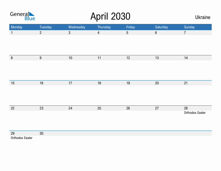 Fillable April 2030 Calendar