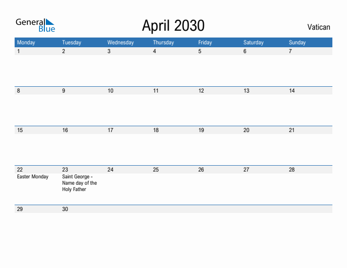 Fillable April 2030 Calendar