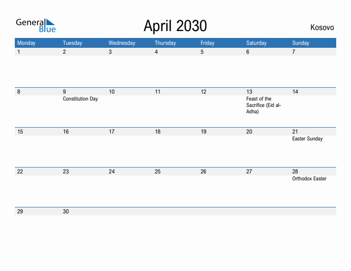 Fillable April 2030 Calendar