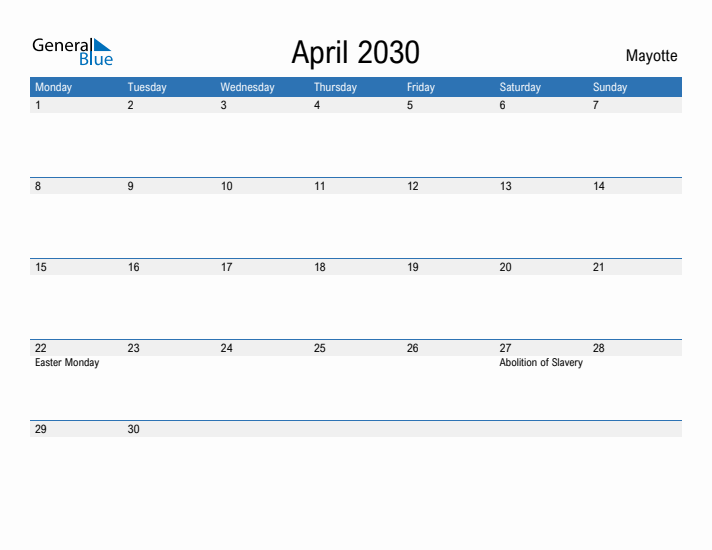 Fillable April 2030 Calendar