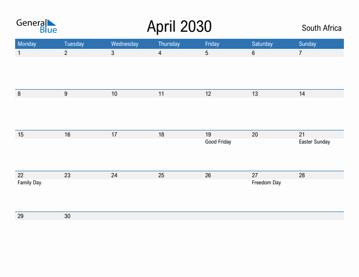 Fillable April 2030 Calendar