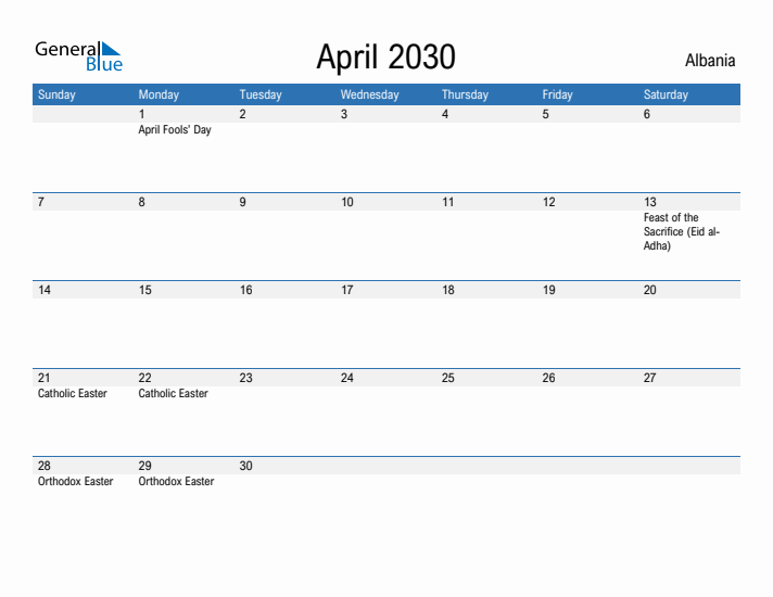 Fillable April 2030 Calendar