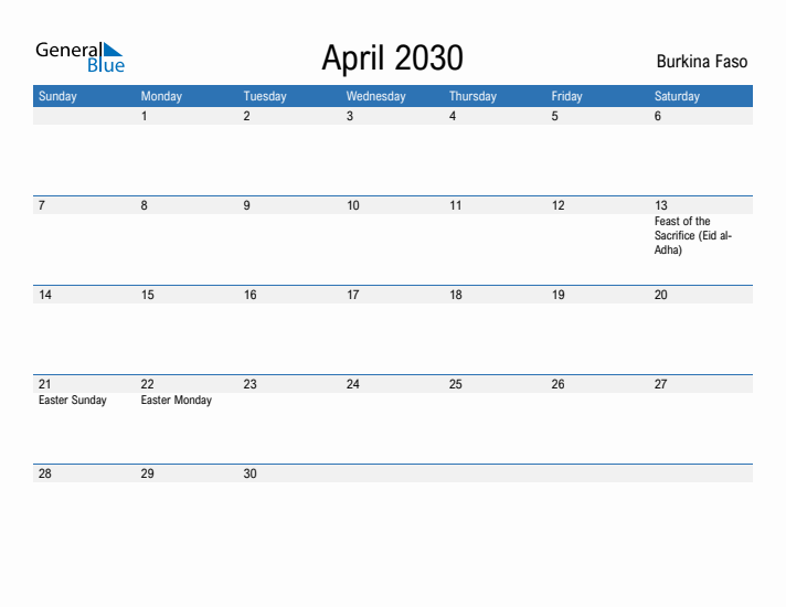 Fillable April 2030 Calendar