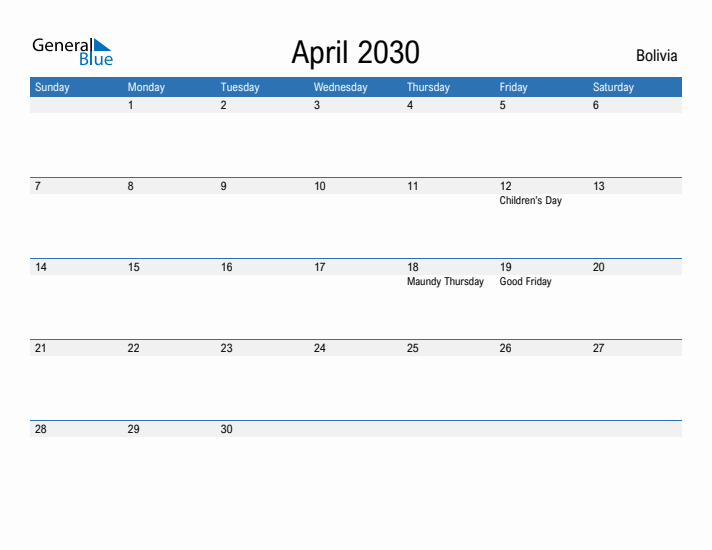 Fillable April 2030 Calendar