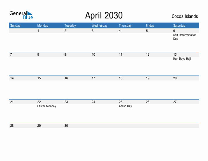 Fillable April 2030 Calendar