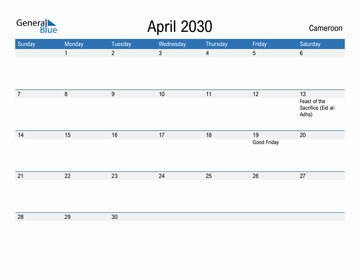 Fillable April 2030 Calendar