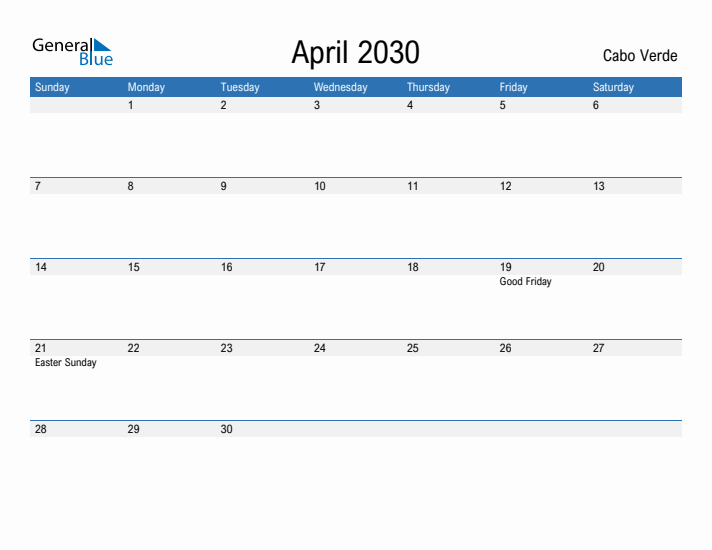 Fillable April 2030 Calendar