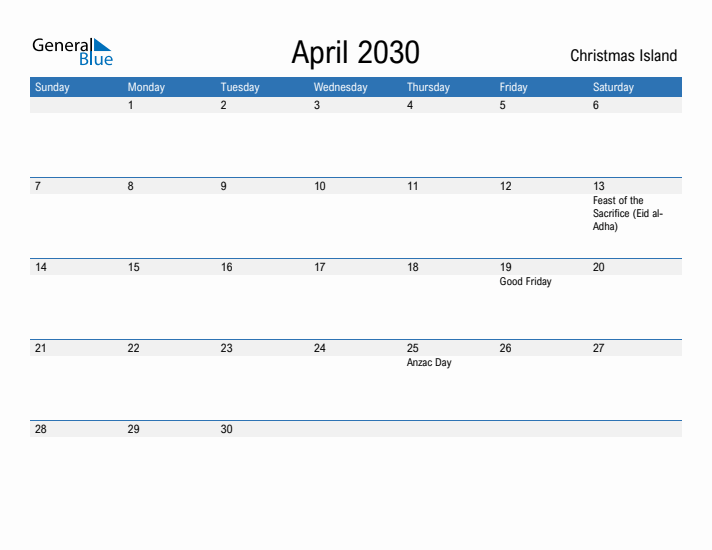 Fillable April 2030 Calendar