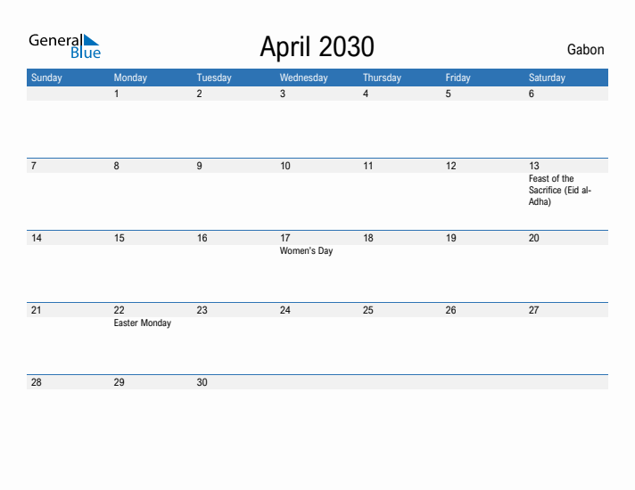 Fillable April 2030 Calendar