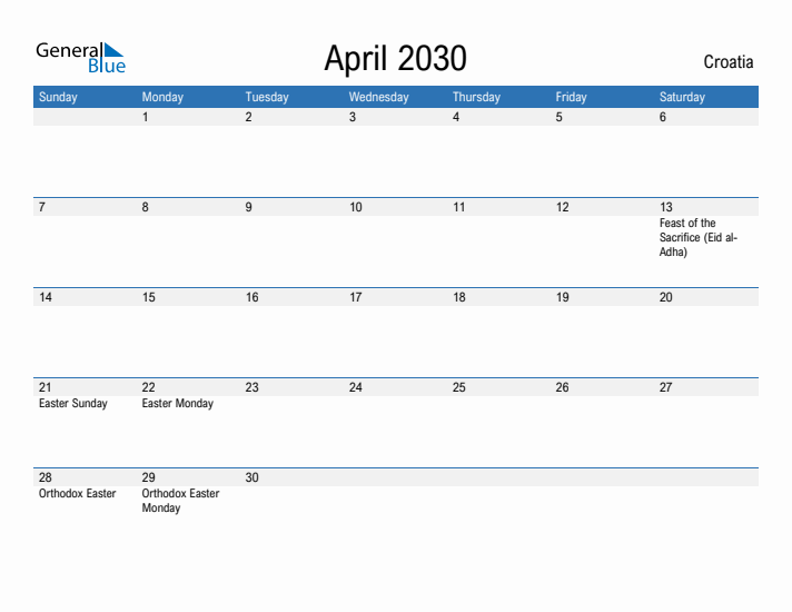 Fillable April 2030 Calendar