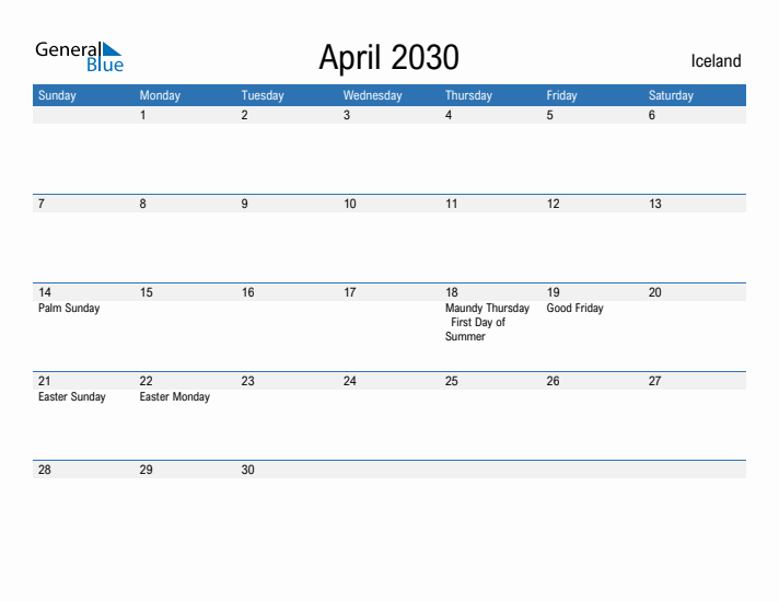 Fillable April 2030 Calendar