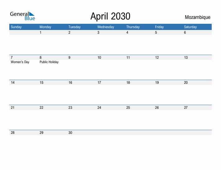 Fillable April 2030 Calendar