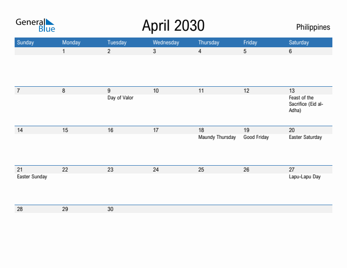 Fillable April 2030 Calendar