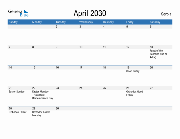 Fillable April 2030 Calendar