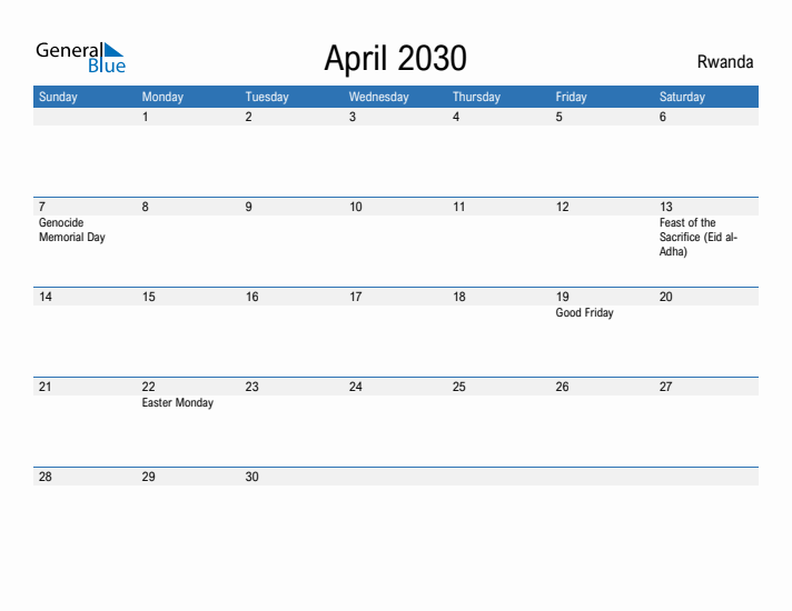 Fillable April 2030 Calendar