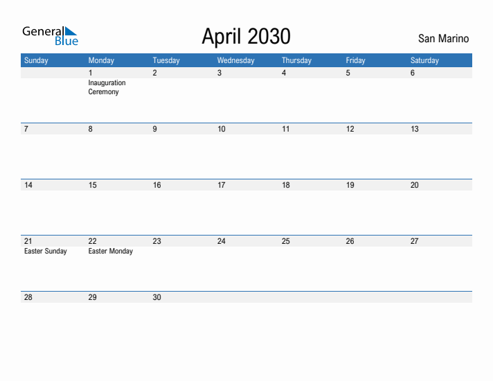 Fillable April 2030 Calendar