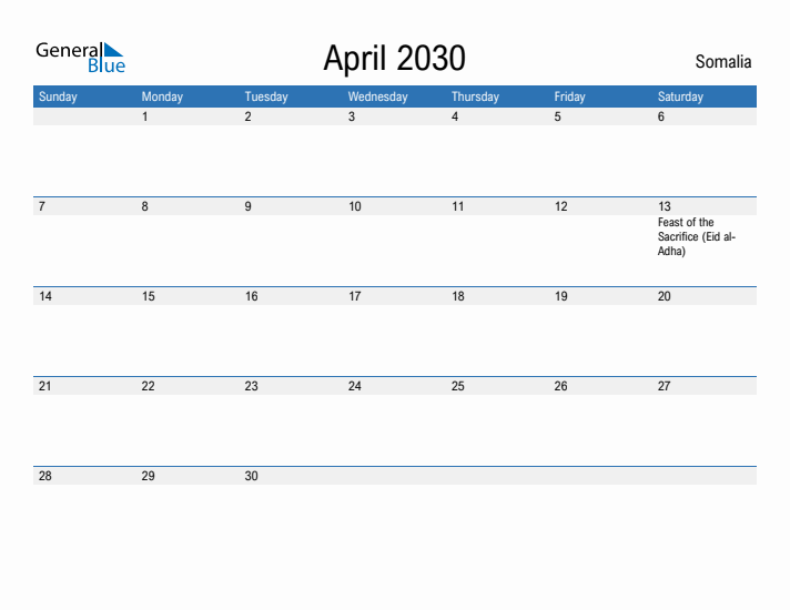 Fillable April 2030 Calendar