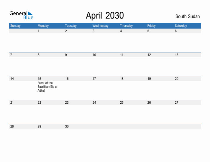 Fillable April 2030 Calendar