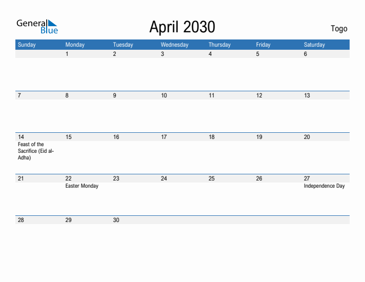 Fillable April 2030 Calendar