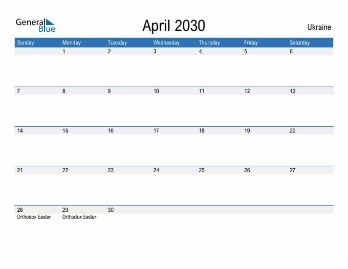 Fillable April 2030 Calendar