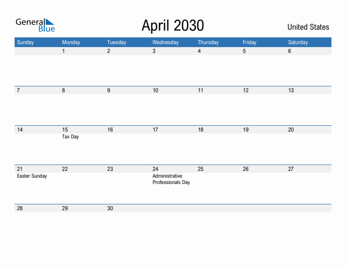 Fillable April 2030 Calendar