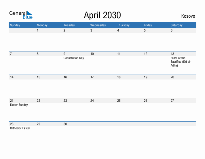 Fillable April 2030 Calendar