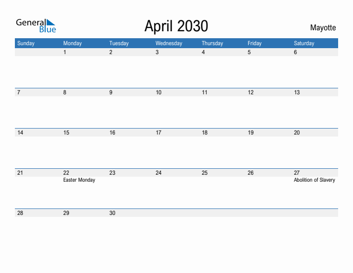 Fillable April 2030 Calendar