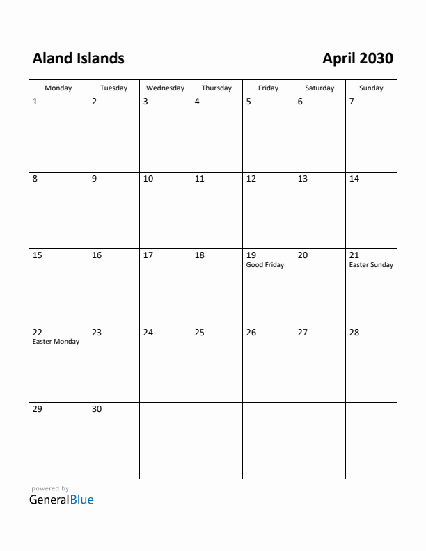 April 2030 Calendar with Aland Islands Holidays