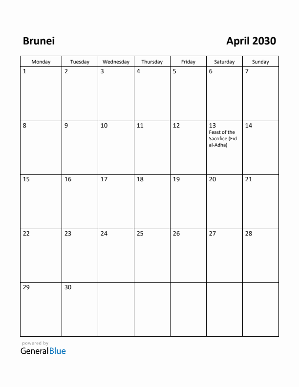 April 2030 Calendar with Brunei Holidays