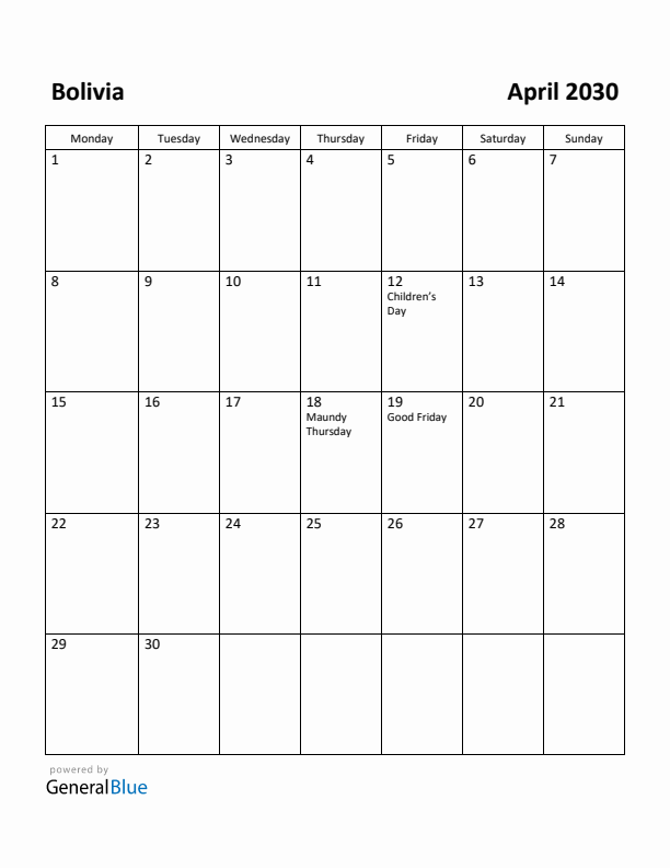 April 2030 Calendar with Bolivia Holidays