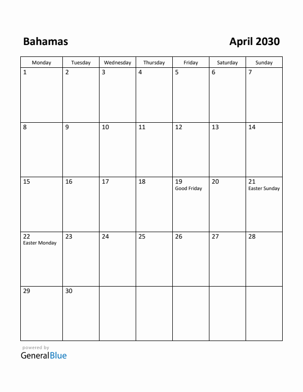 April 2030 Calendar with Bahamas Holidays