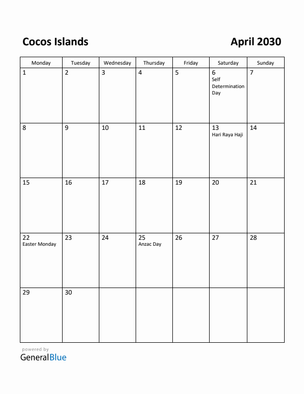 April 2030 Calendar with Cocos Islands Holidays