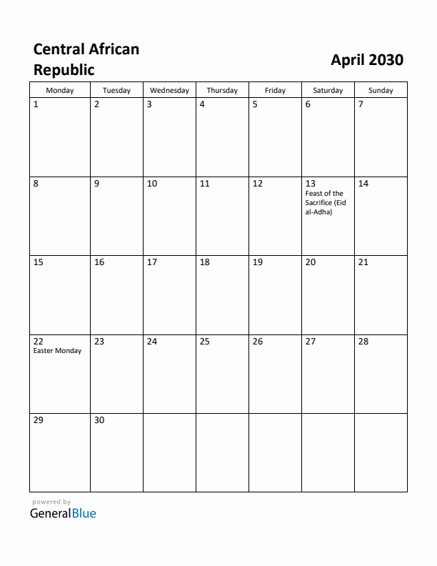 April 2030 Calendar with Central African Republic Holidays