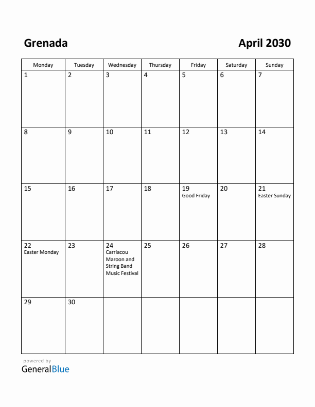 April 2030 Calendar with Grenada Holidays