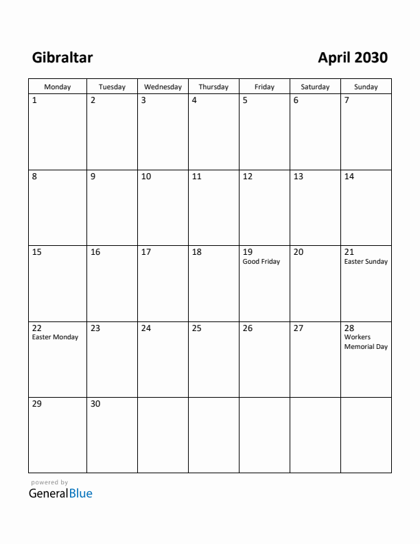 April 2030 Calendar with Gibraltar Holidays