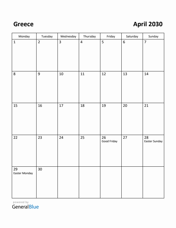 April 2030 Calendar with Greece Holidays