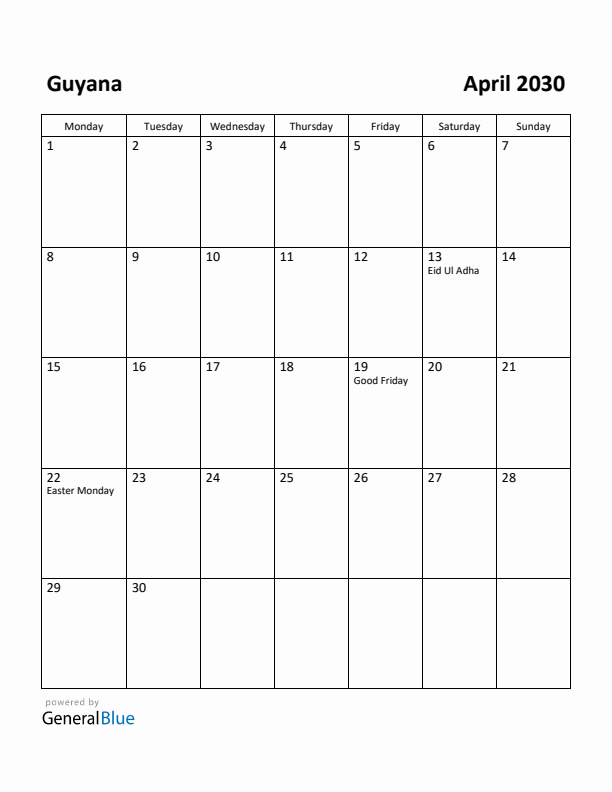 April 2030 Calendar with Guyana Holidays