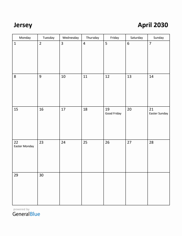 April 2030 Calendar with Jersey Holidays