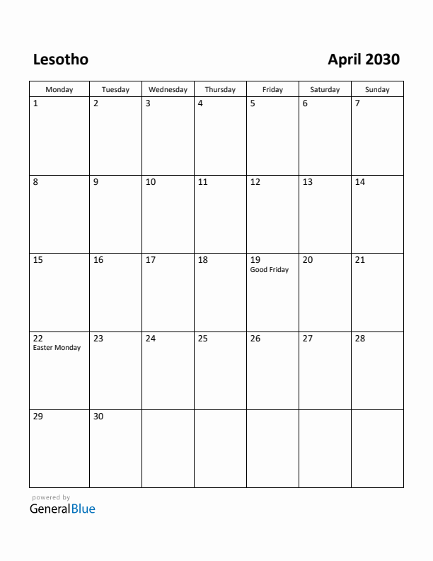 April 2030 Calendar with Lesotho Holidays