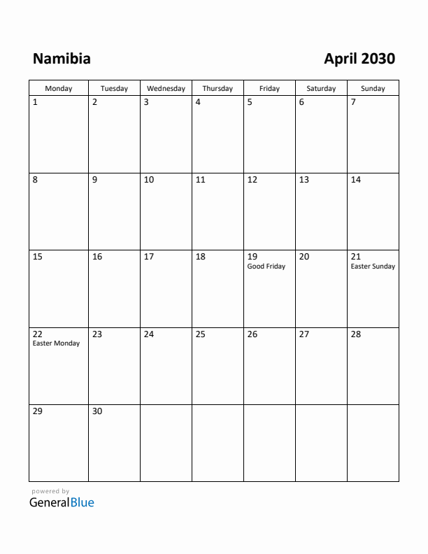 April 2030 Calendar with Namibia Holidays