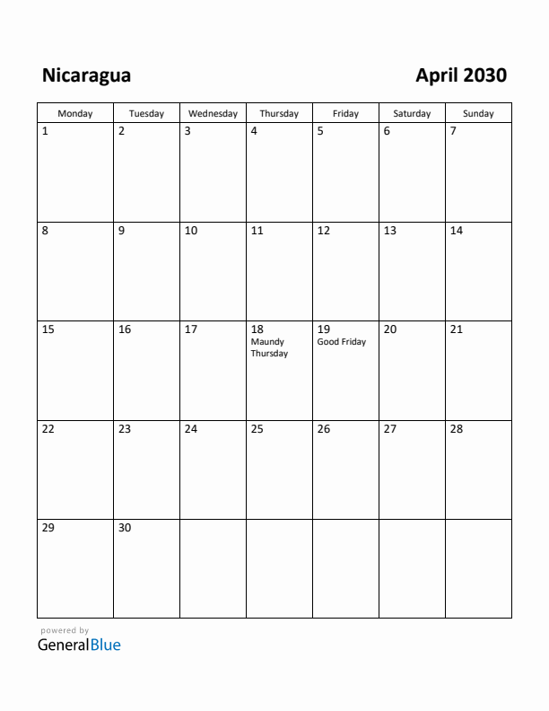 April 2030 Calendar with Nicaragua Holidays