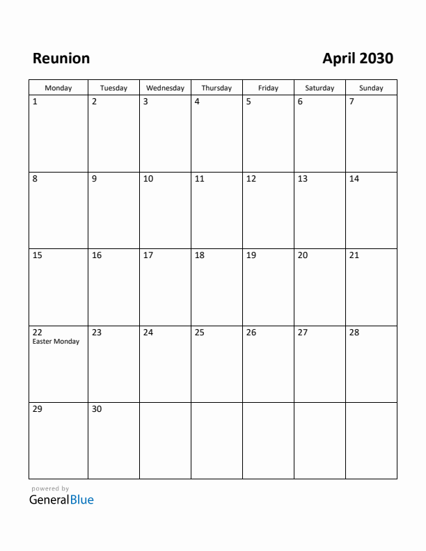 April 2030 Calendar with Reunion Holidays