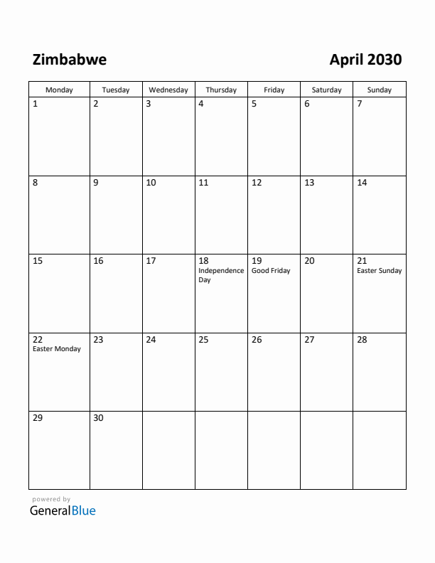 April 2030 Calendar with Zimbabwe Holidays