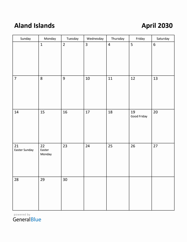 April 2030 Calendar with Aland Islands Holidays