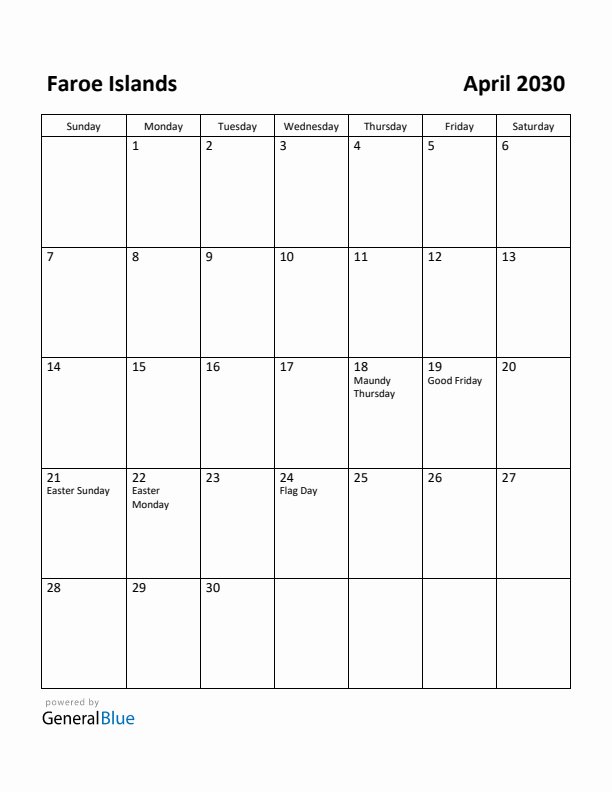 April 2030 Calendar with Faroe Islands Holidays