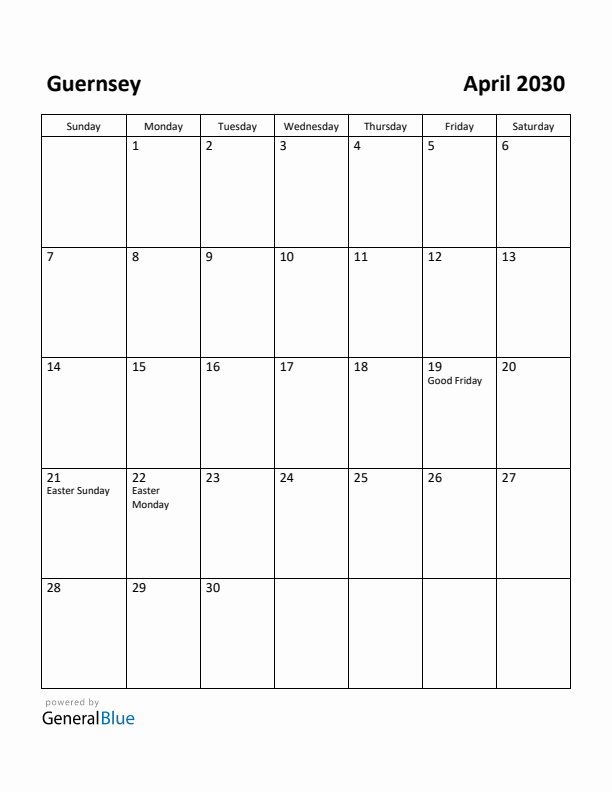 April 2030 Calendar with Guernsey Holidays