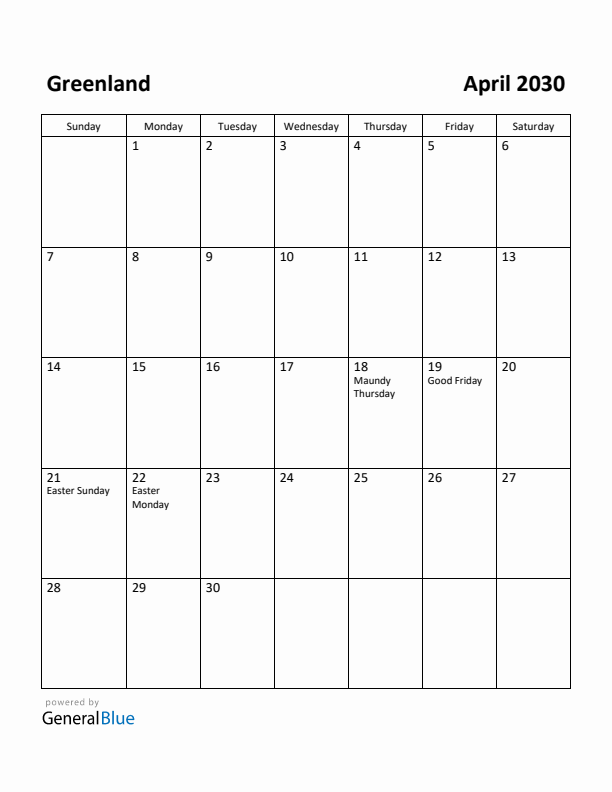 April 2030 Calendar with Greenland Holidays