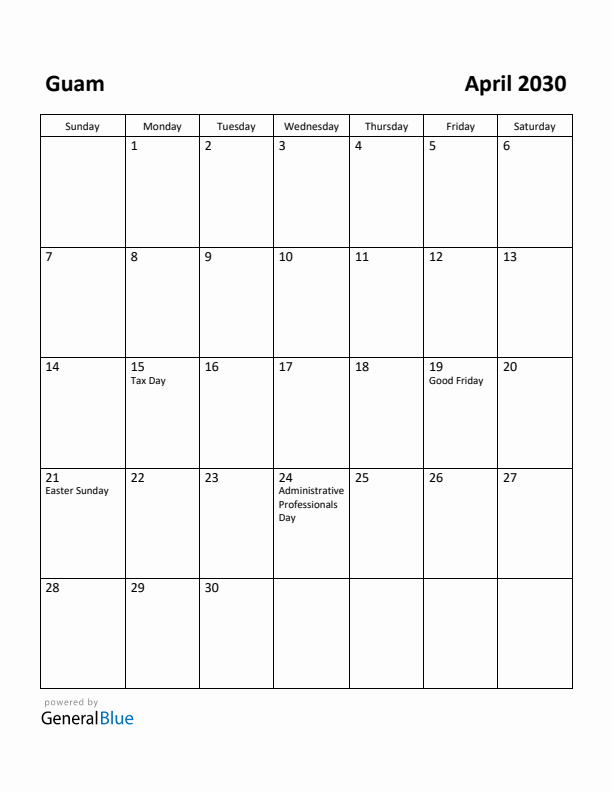 April 2030 Calendar with Guam Holidays