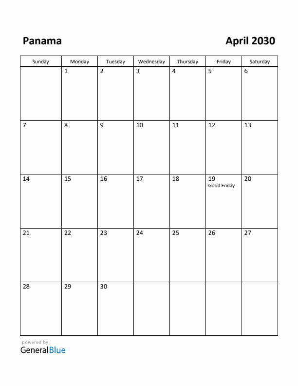 April 2030 Calendar with Panama Holidays