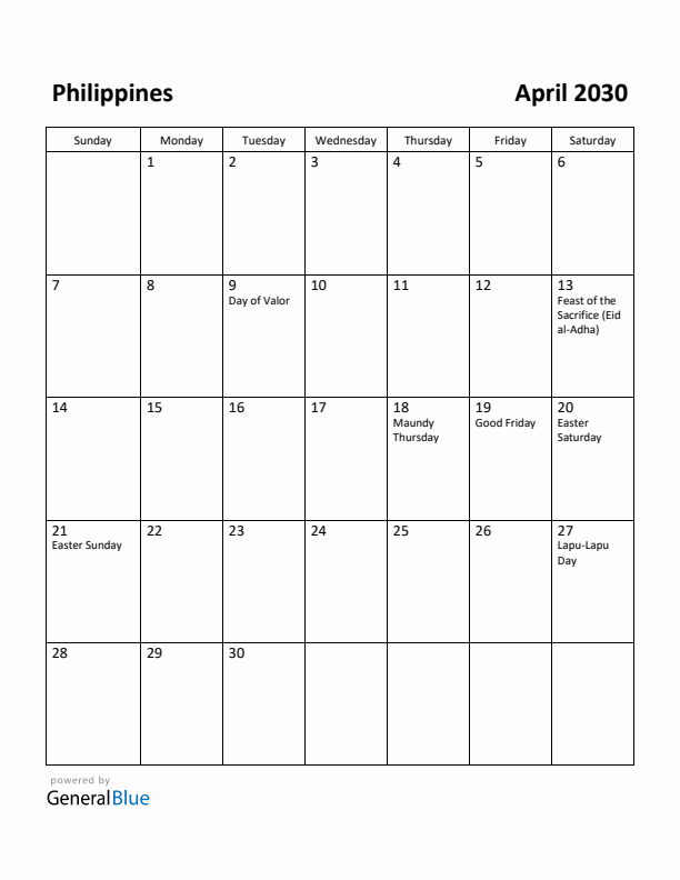 April 2030 Calendar with Philippines Holidays